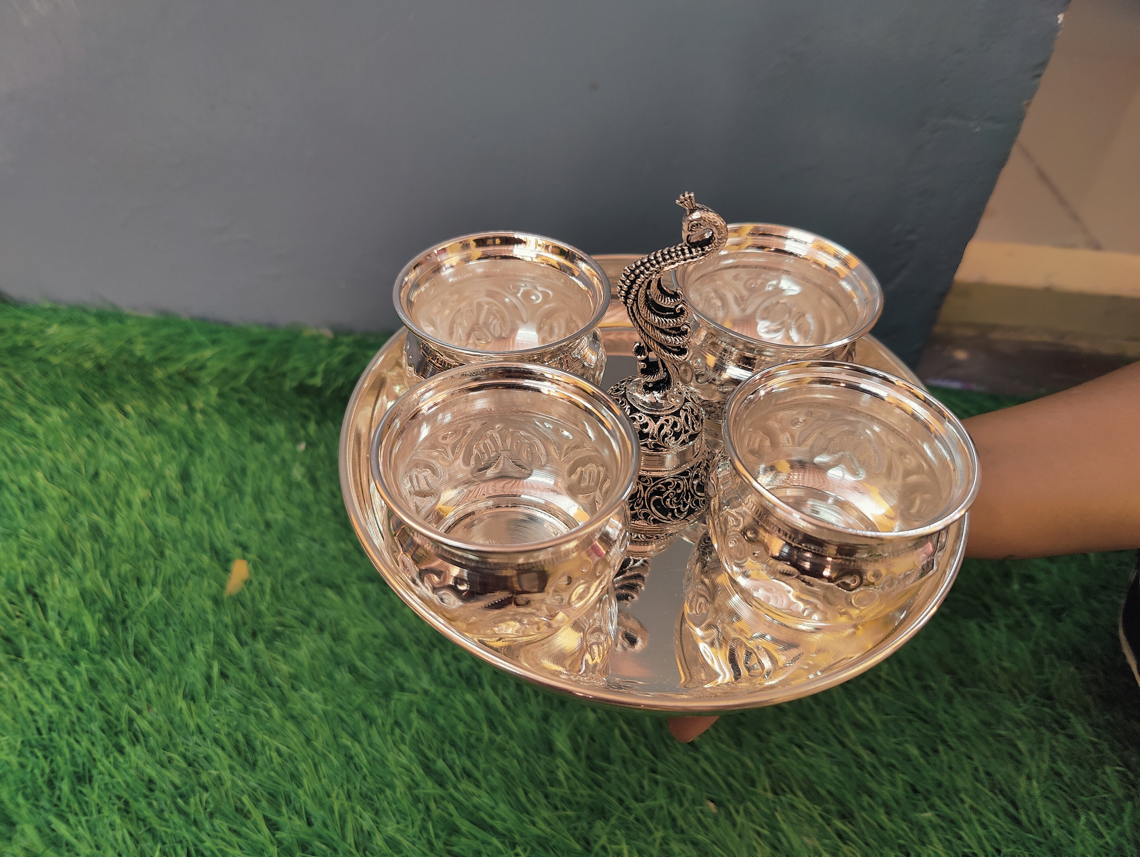 GS fancy Pooja set 8" combo kum kum Bowls with antique bell