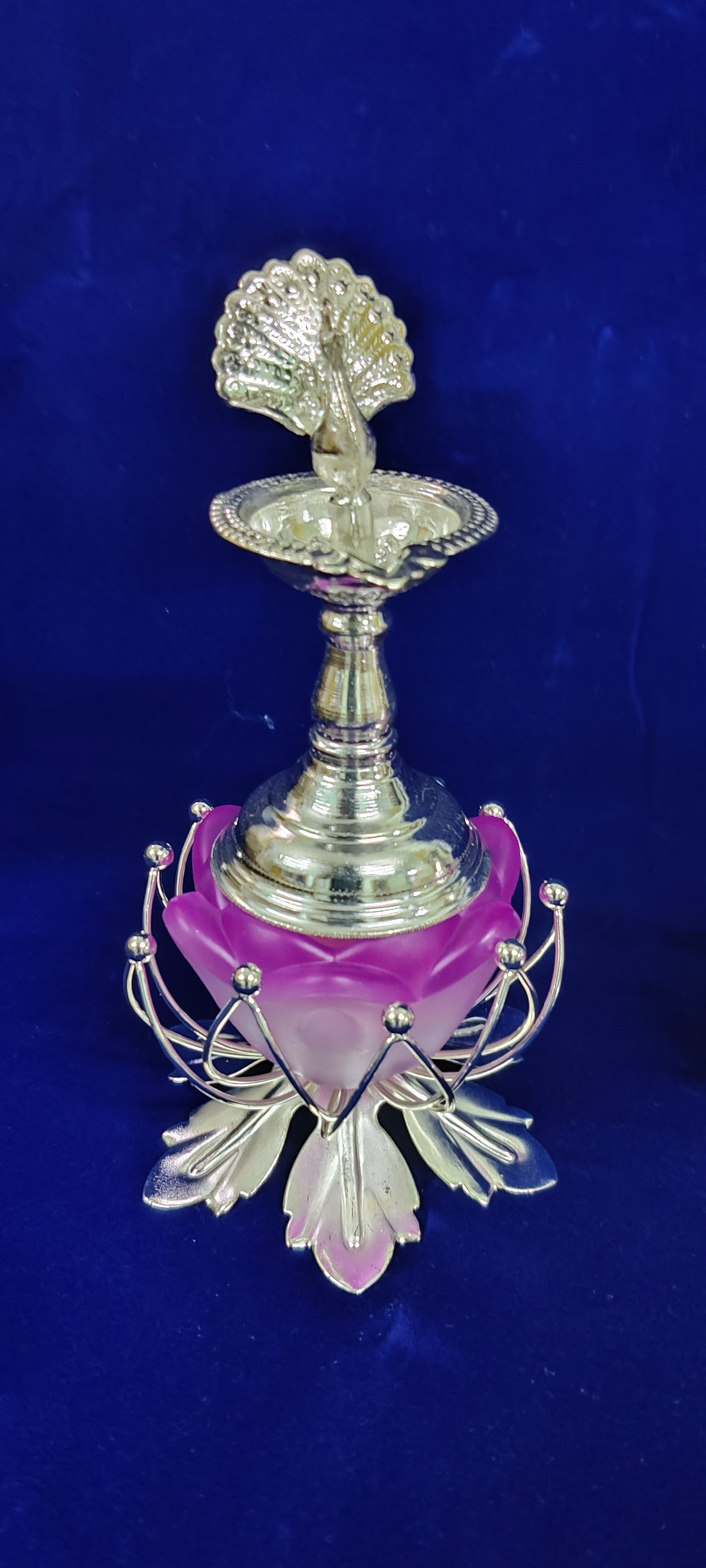 German Silver Peacock Diya 5" Pair With Lotus Candle Stand