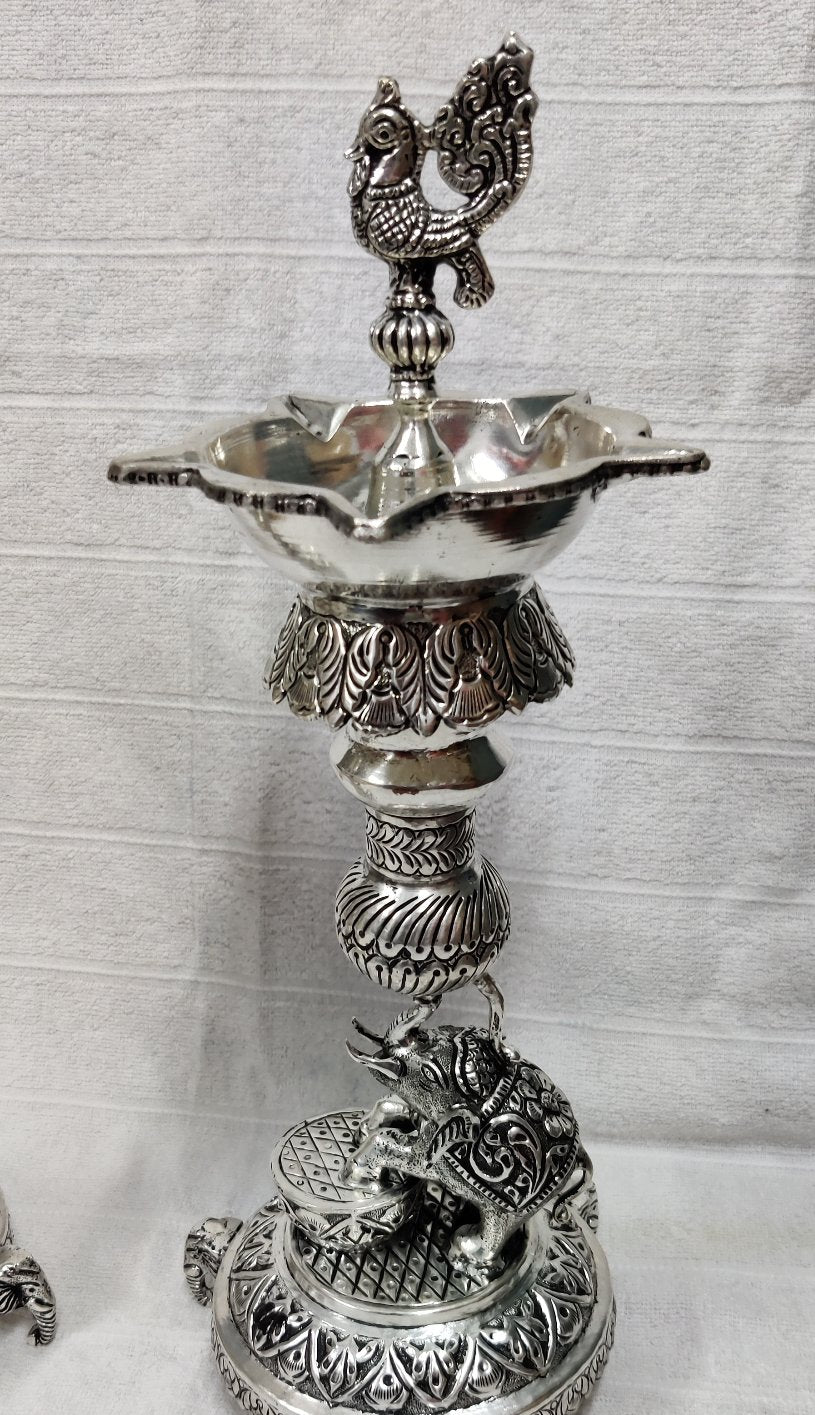 Antique German Silver Elephant Diya 15" Pair (Delivery In 20 Days)