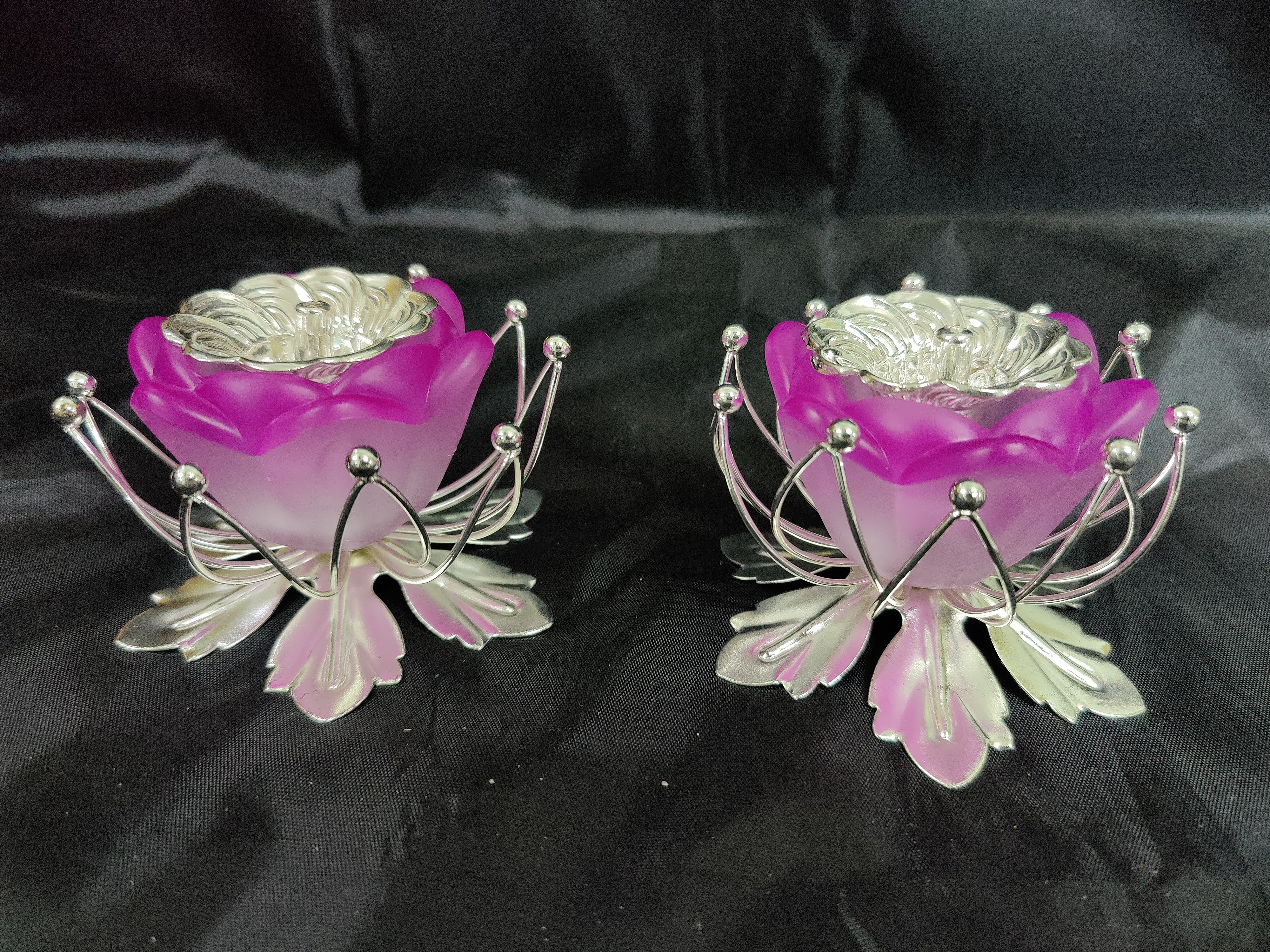 German Silver Lotus Stand With Fancy Diya Pair