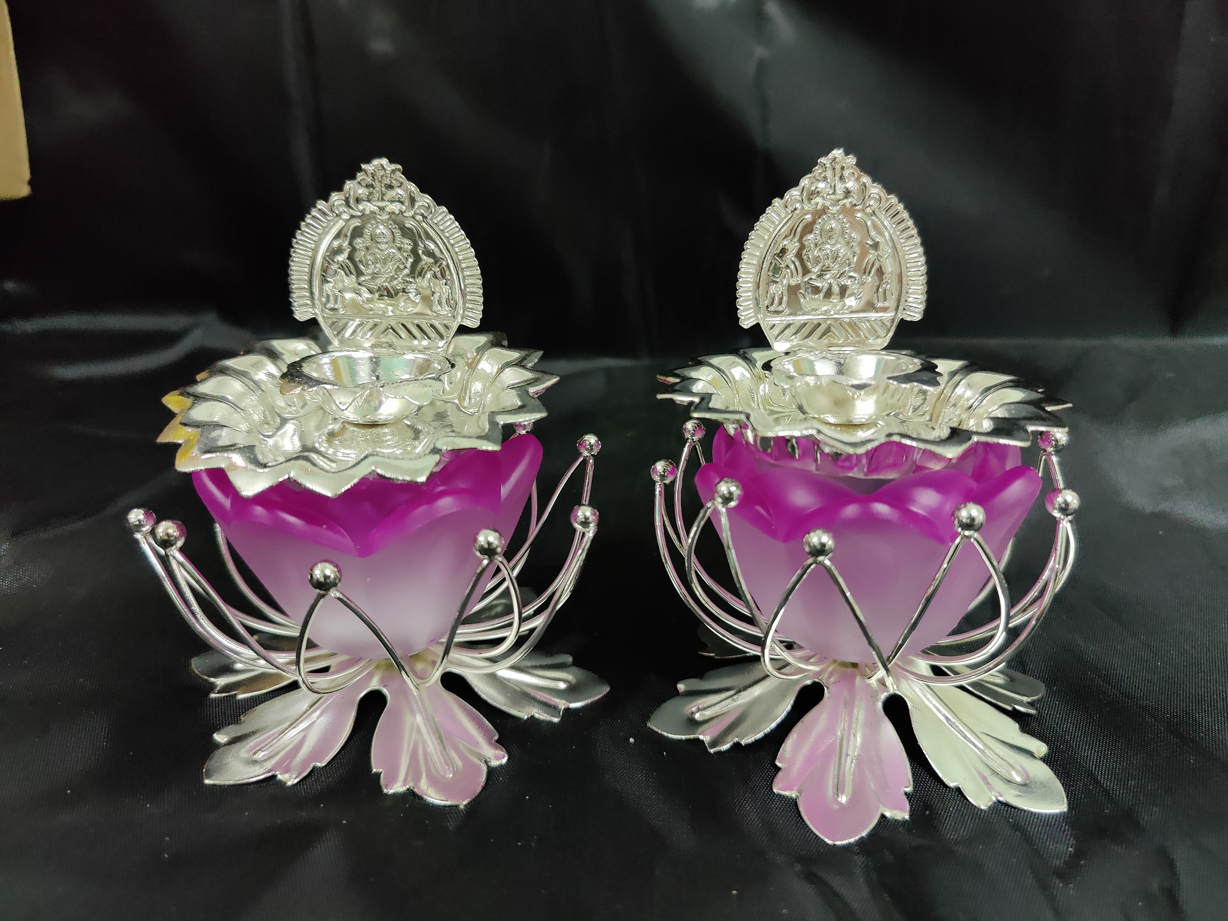 German Silver Lotus Stand 3" With Lakshmi Fancy Diya Pair (Princess Peach)