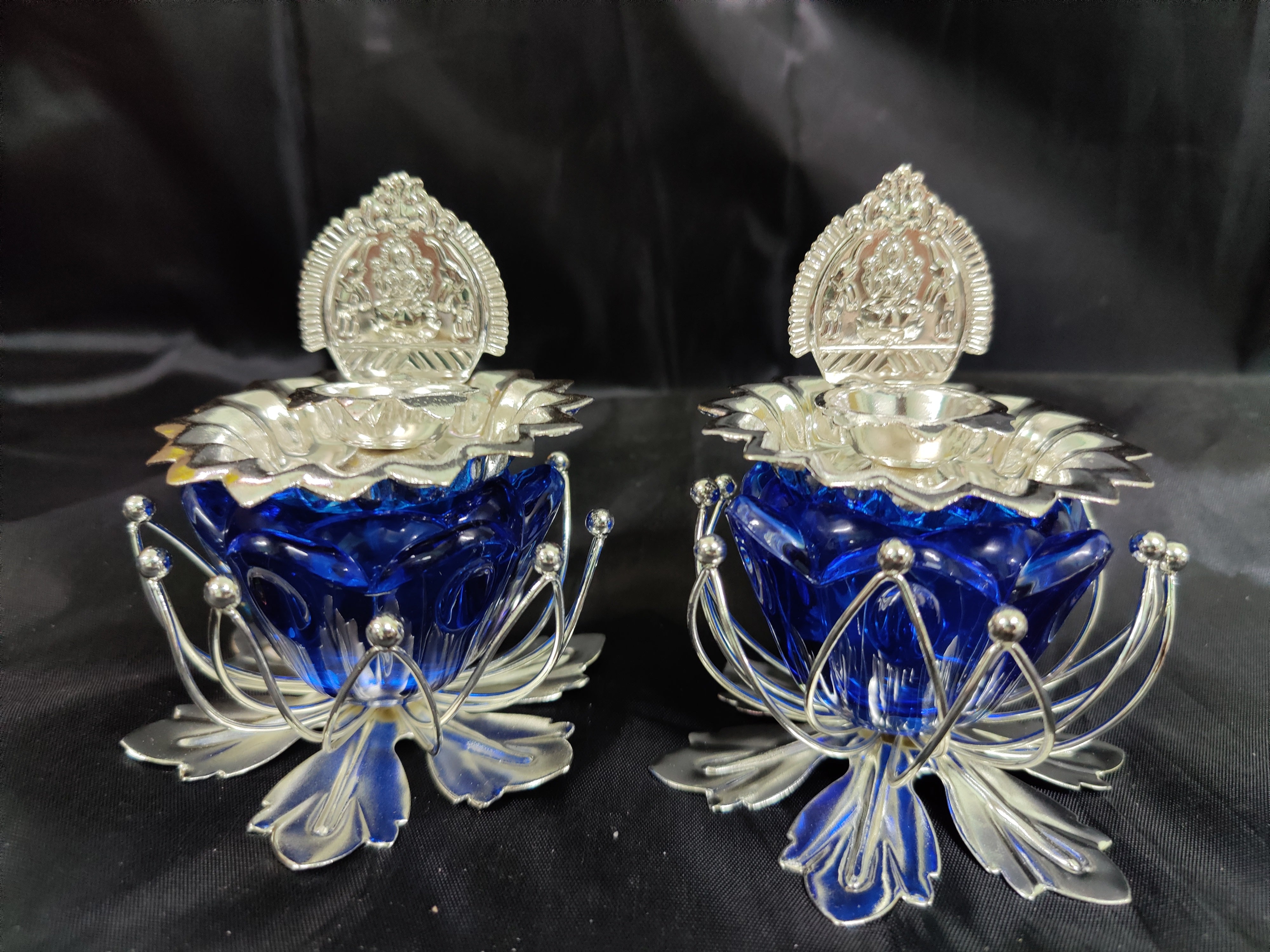 German Silver Lotus Stand With Lakshmi Fancy Diya Pair