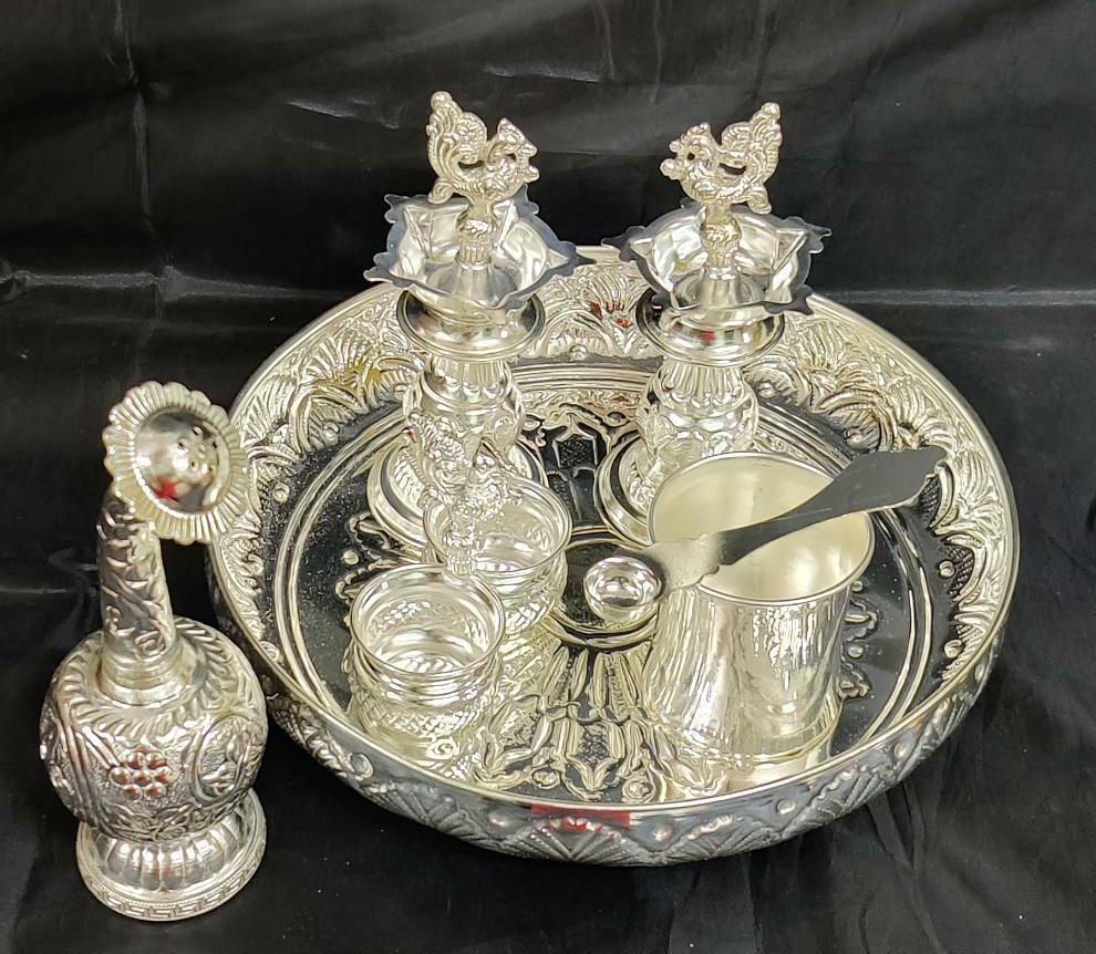 German Silver 10" Pooja Thali With 6" Fancy Diya