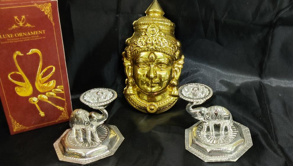 German Silver Lakshmi Gold Face 7" Peacock Diya Pair