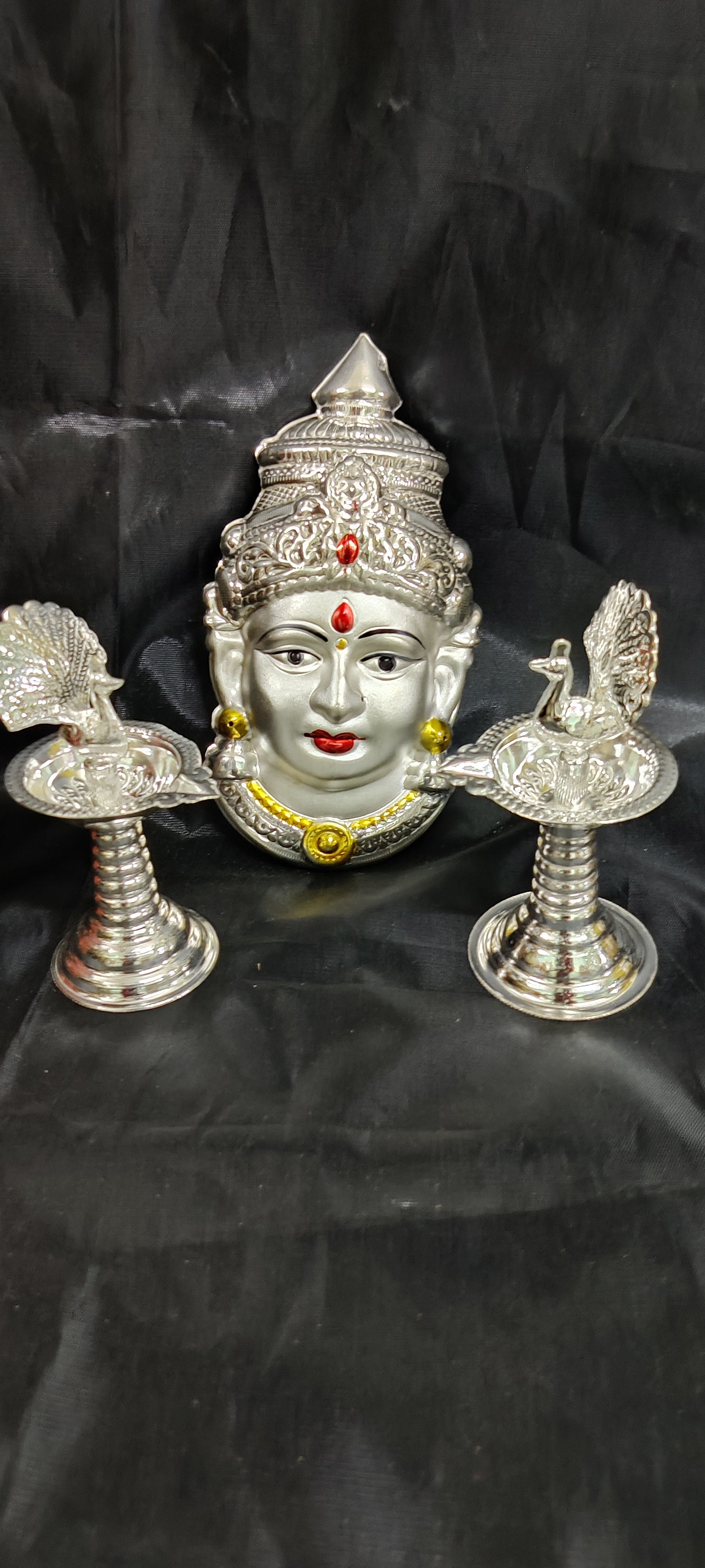 German Silver Lakshmi Pearl Face 7" Peacock Diya Pair