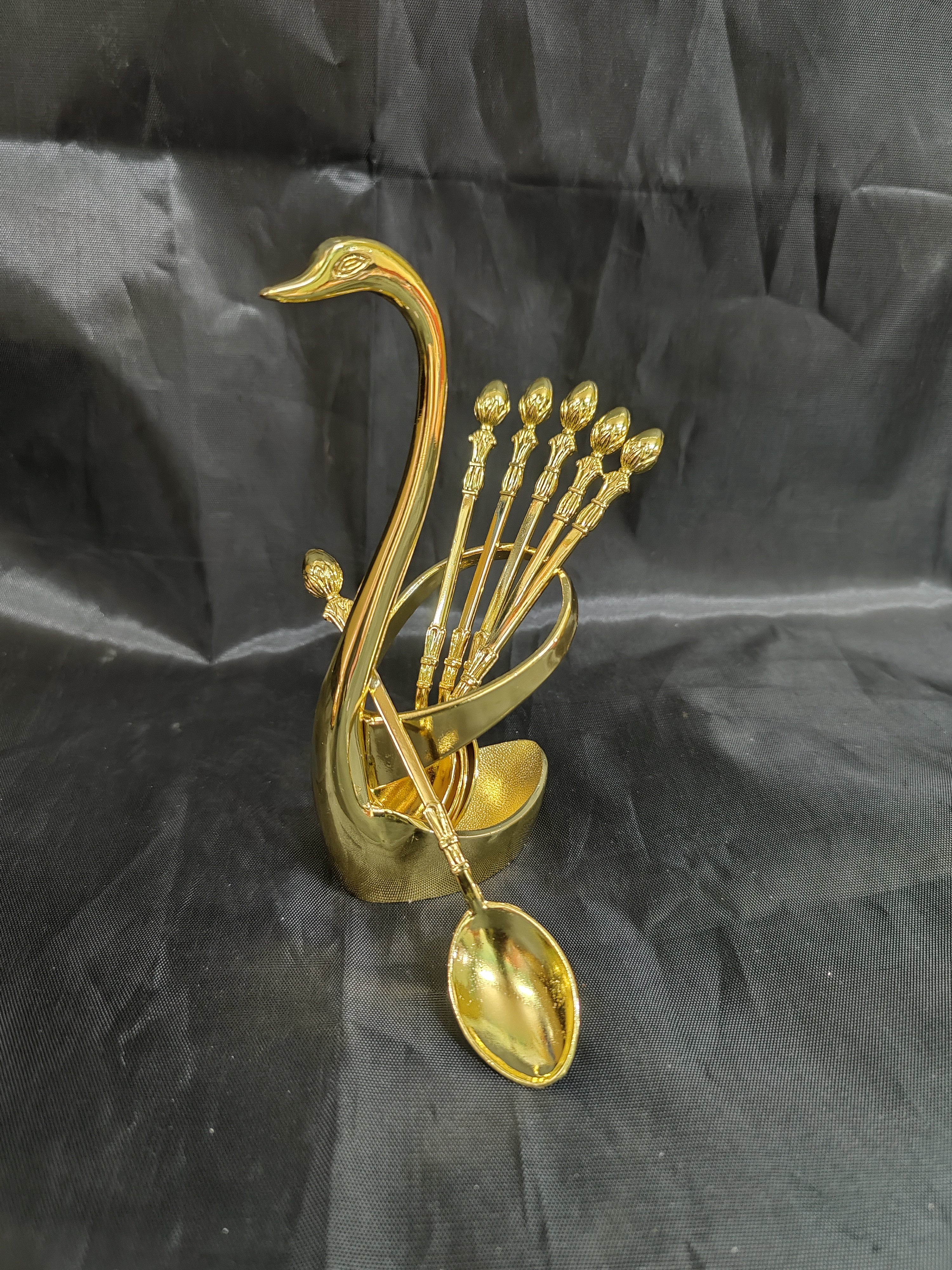 German Silver Gold Swan Spoon Set 7"