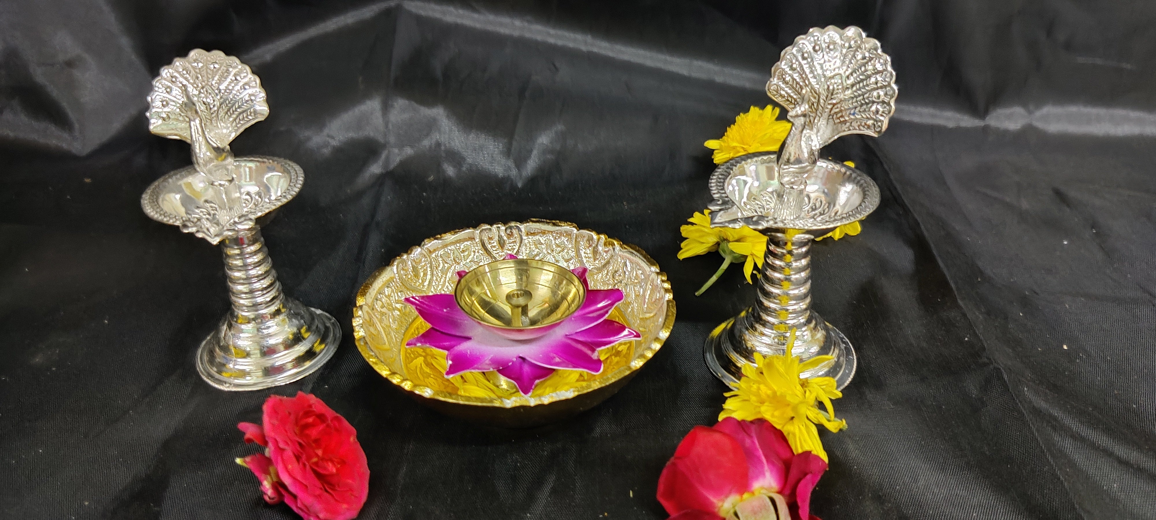 German Silver Peacock Diya Set