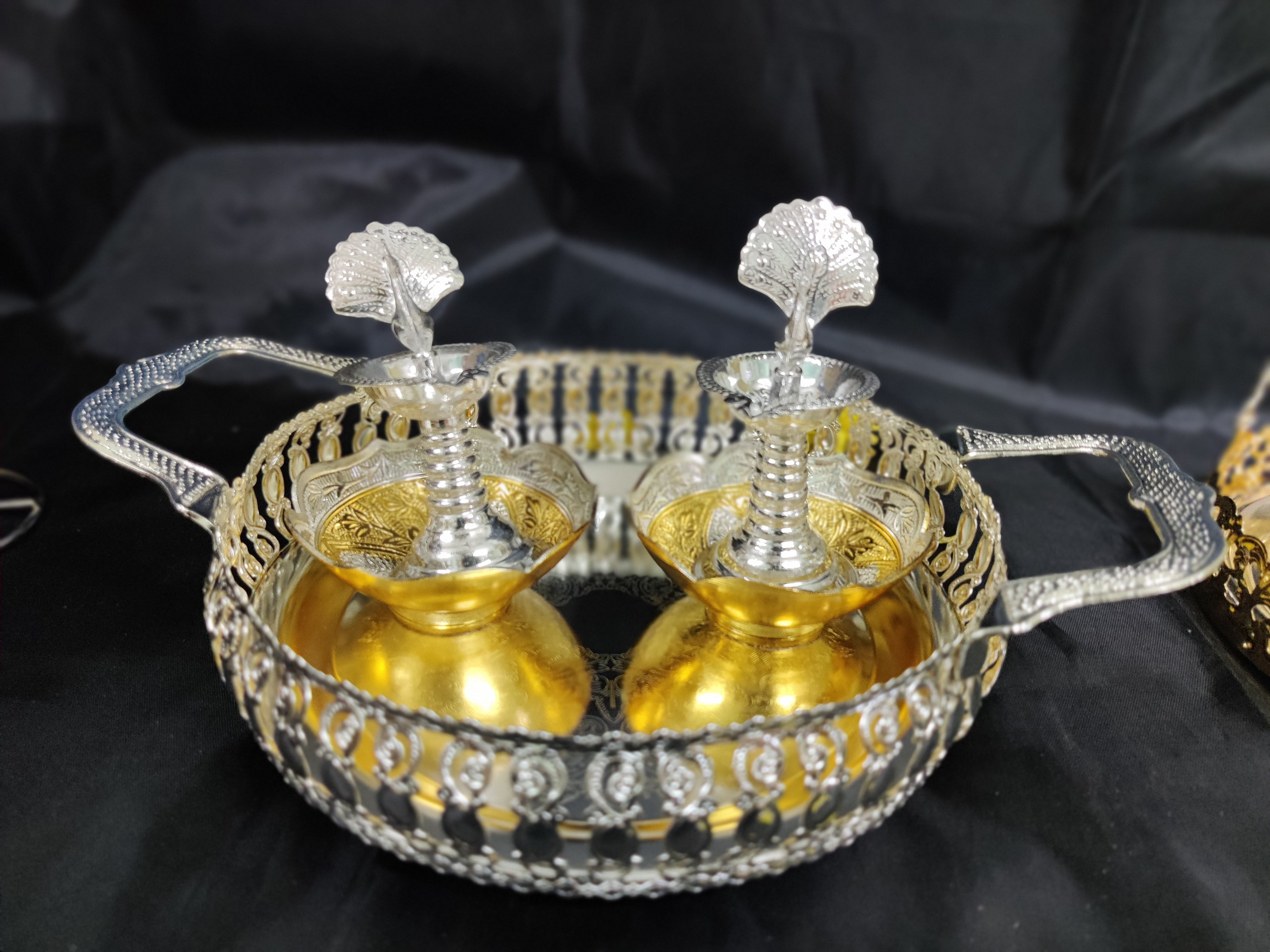 Imported Round Tray With Peacock 5"diya Pair