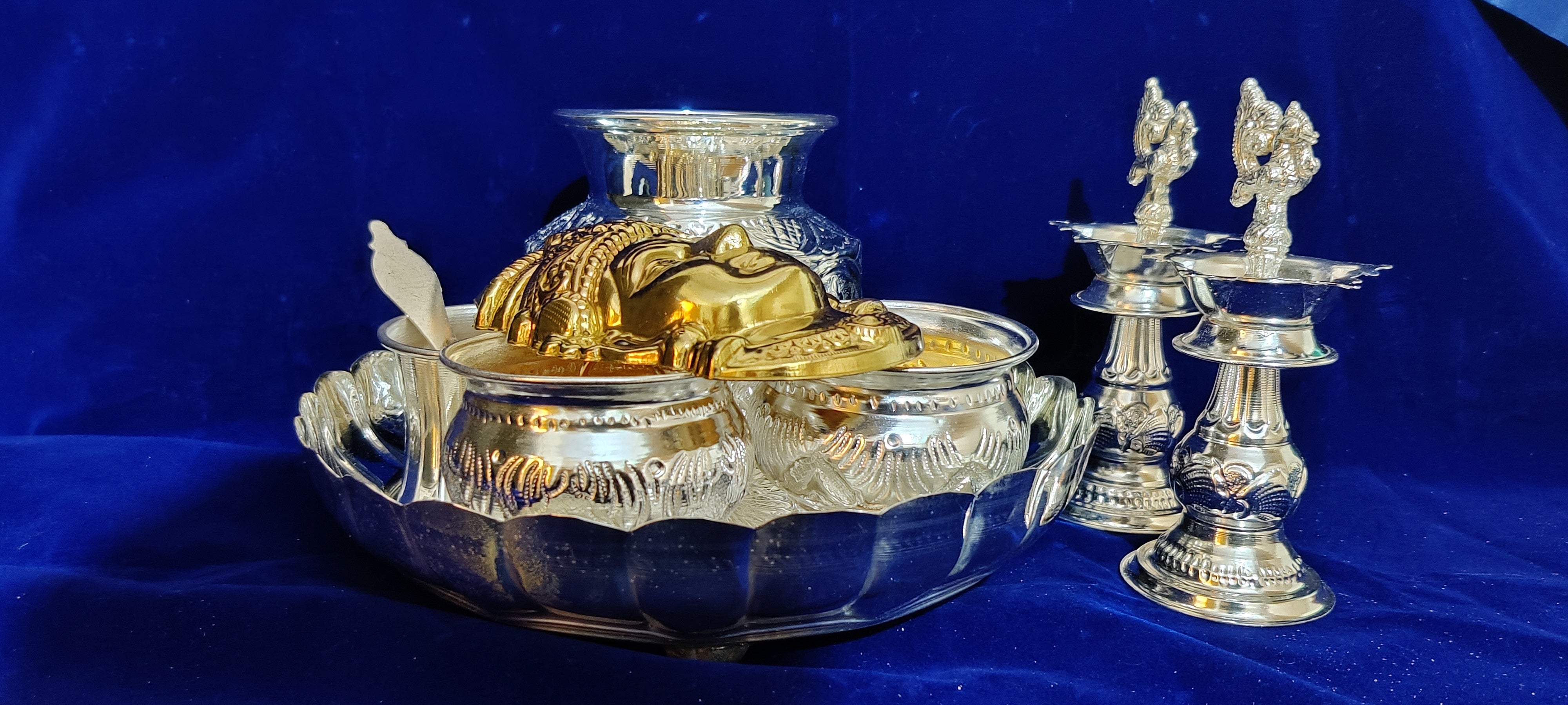 German Silver Lakshmi Poojathali With Fancy Diya 7inch Pair