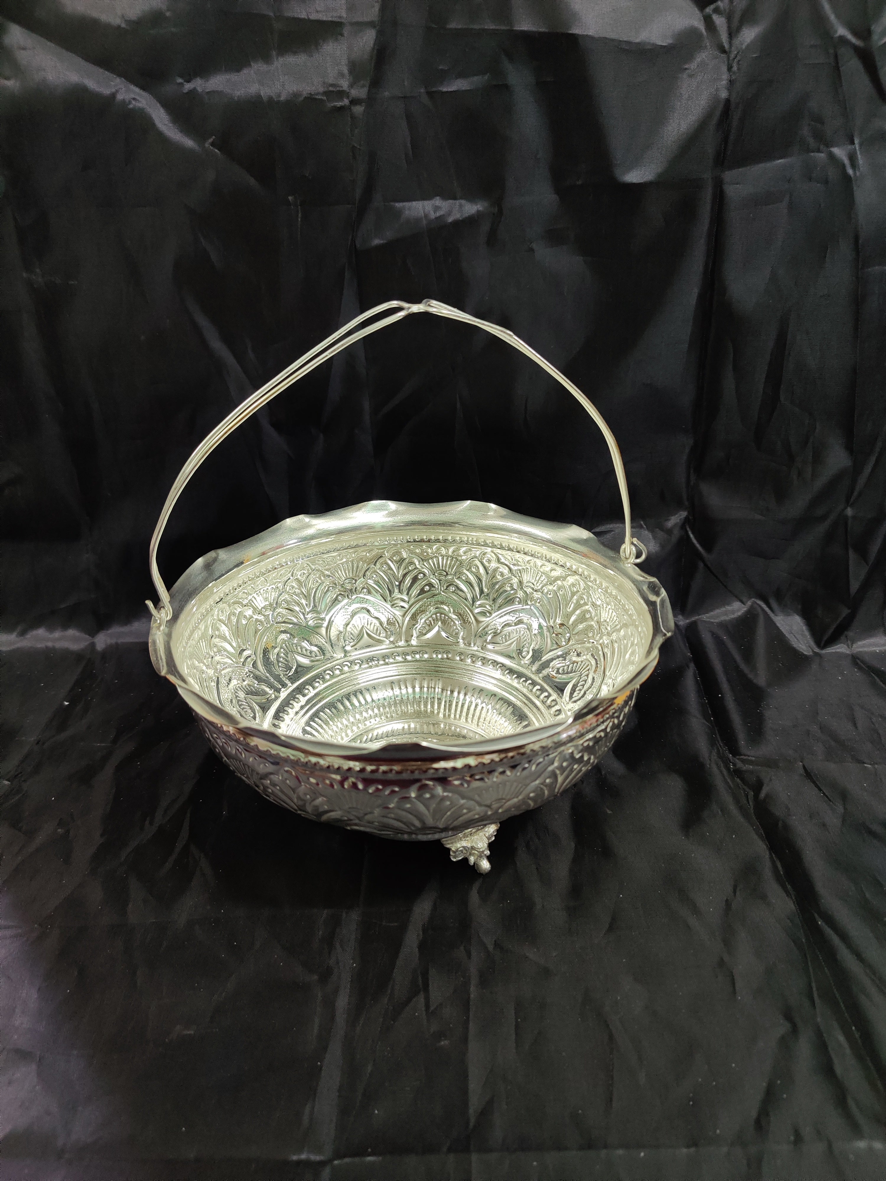 German Silver Flower Basket With Handle Big 9"