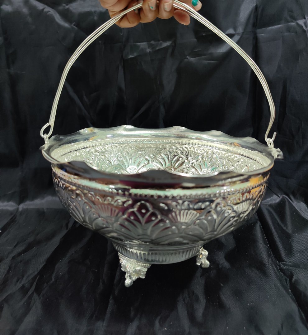 German Silver Flower Basket With Handle Big 9"