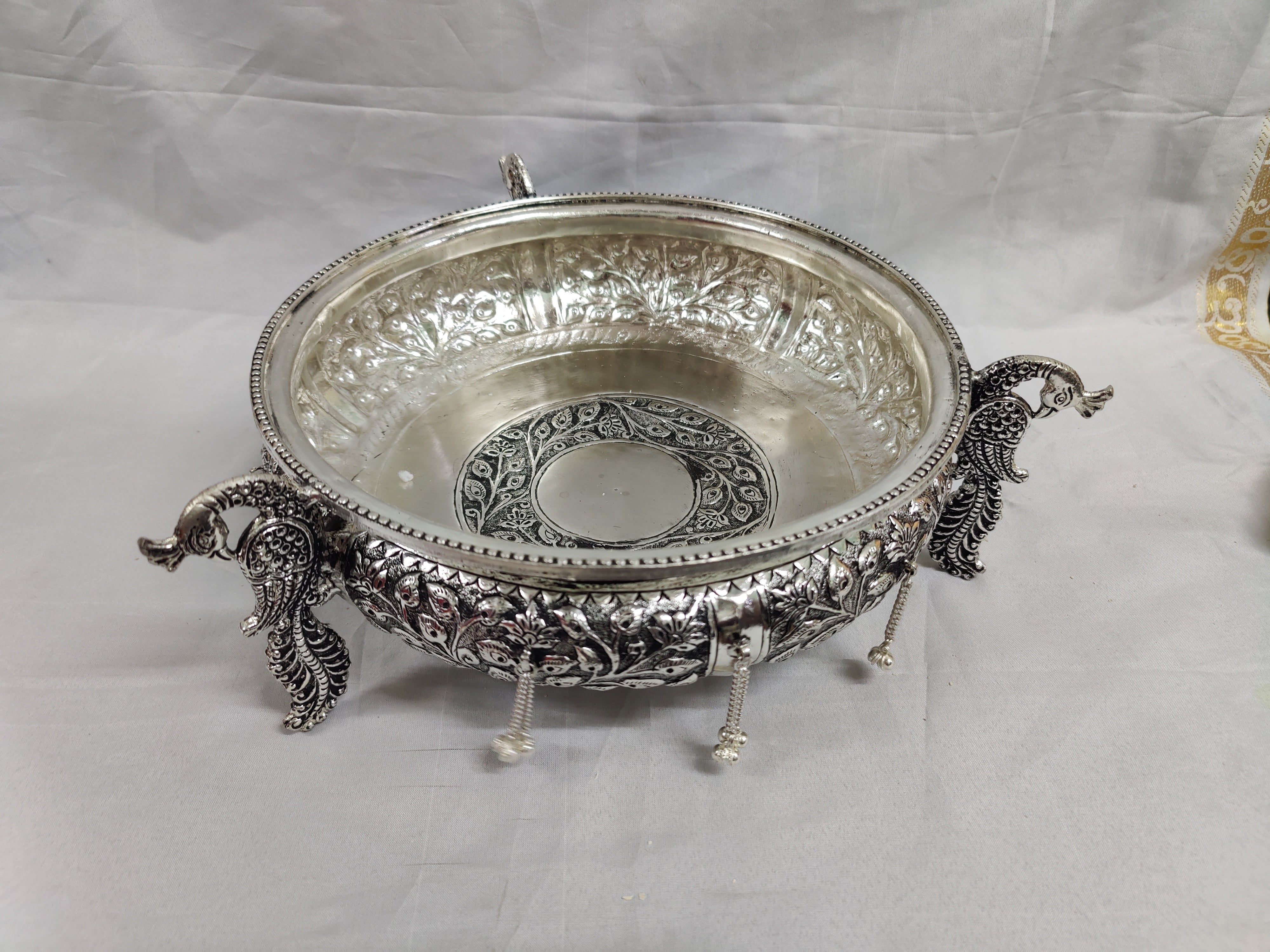 13" Antique German Silver Peacock Urli