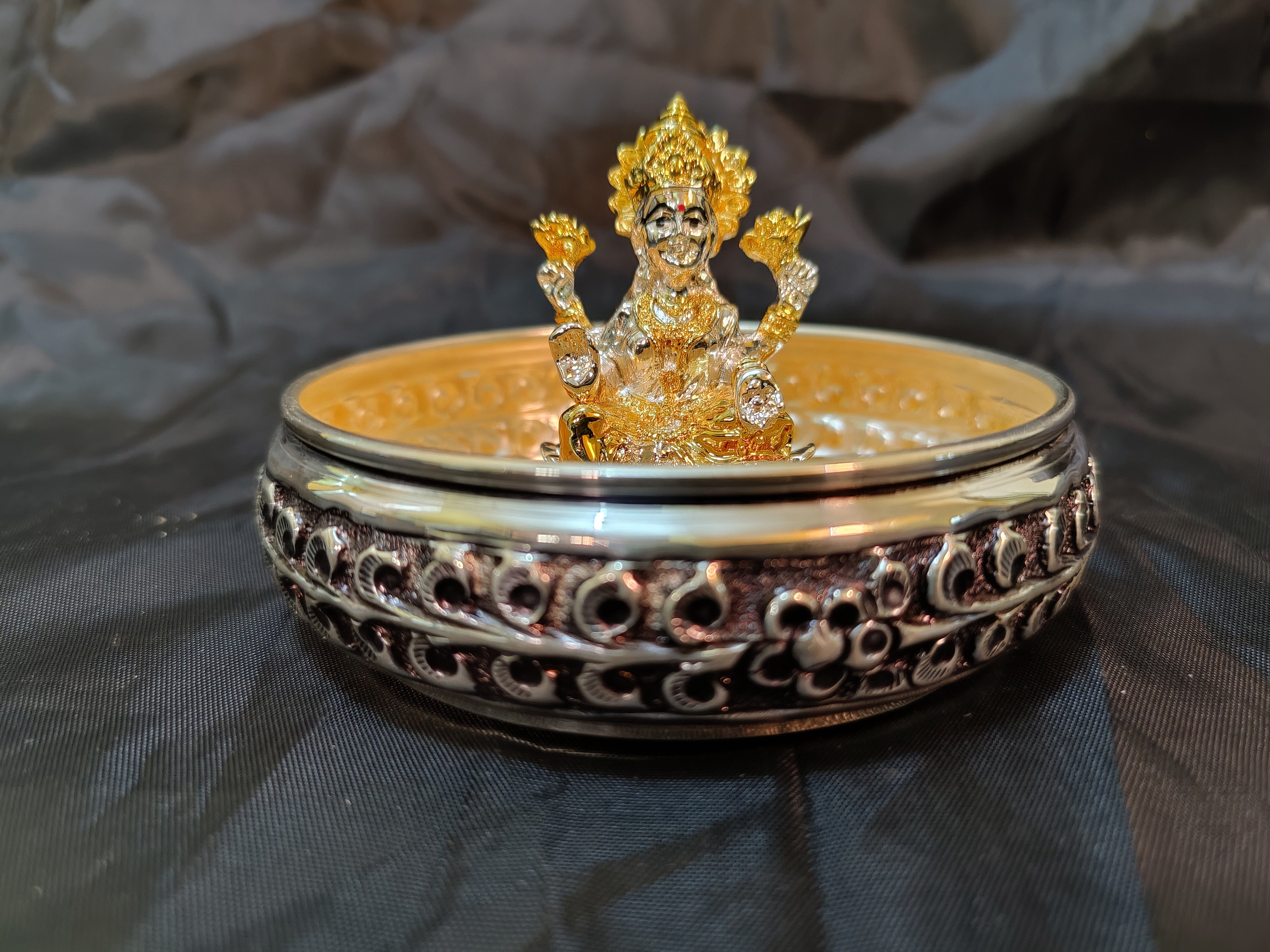 Antique German Silver Plate With Lakshmi Idol+ 108 Mantra Flowers