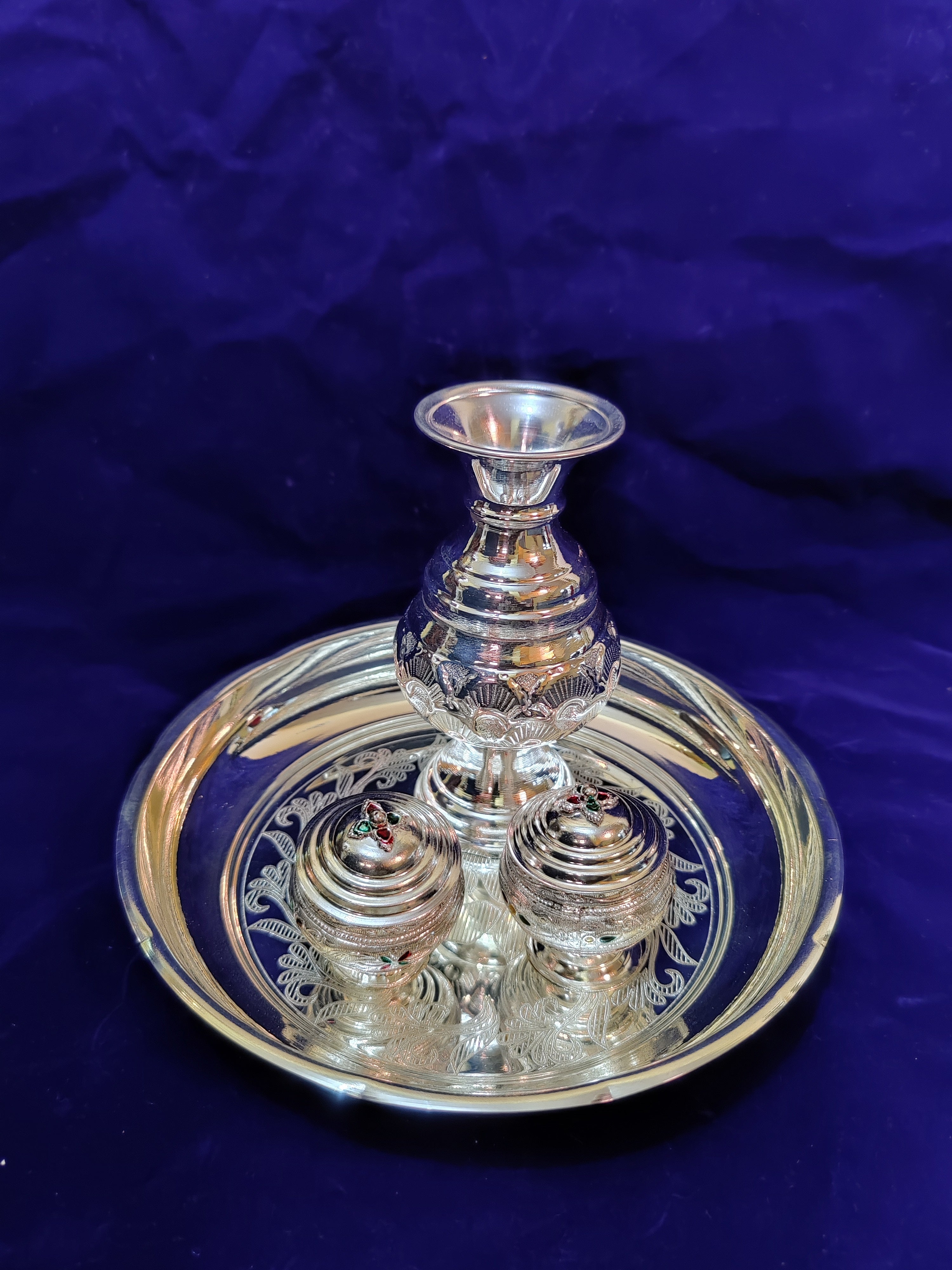 German Silver Kalsha Set With Kum Kum Dabbi