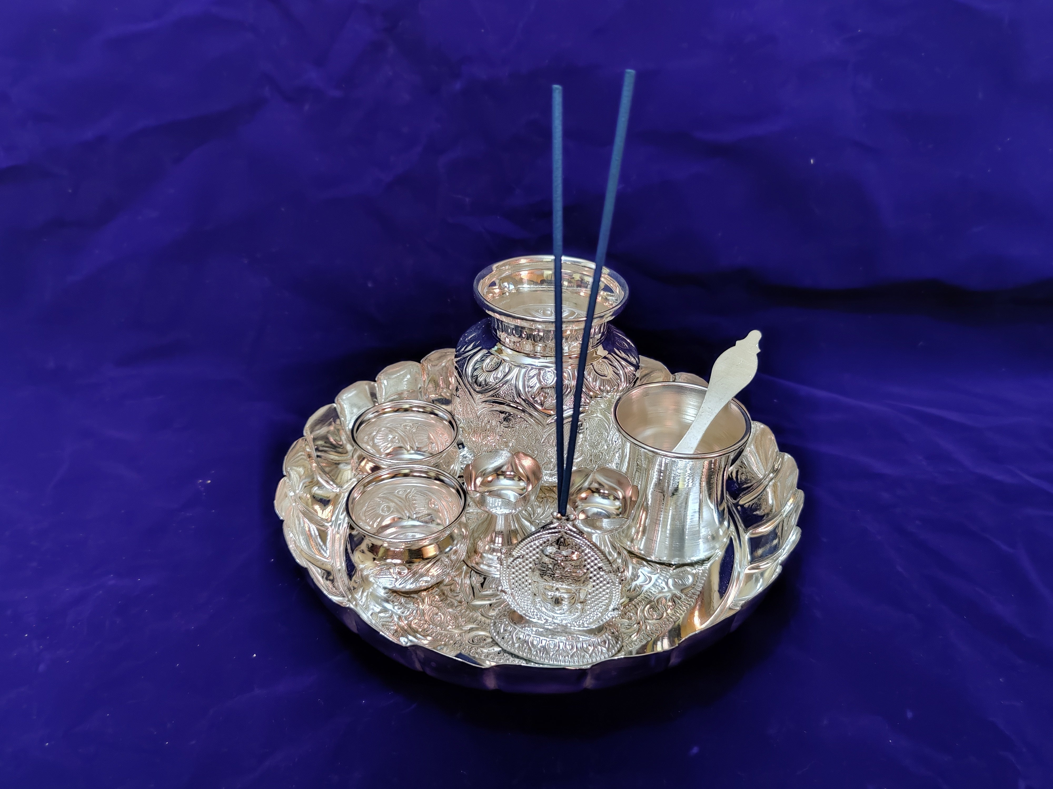 German Silver Flower Cut Plate 10" Pooja Thali