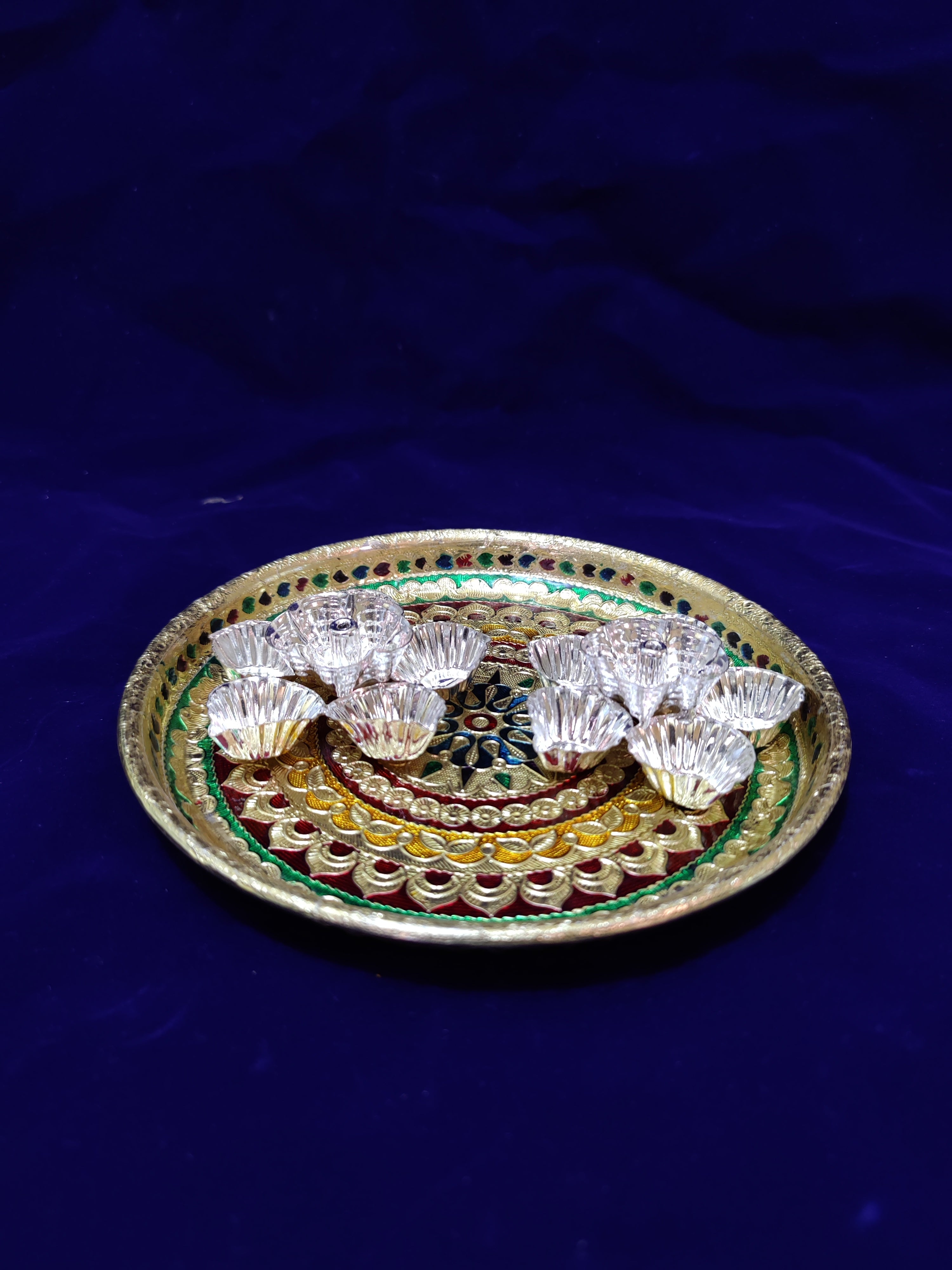 Meenakari Plate With German Silver Pancha Diya Pair