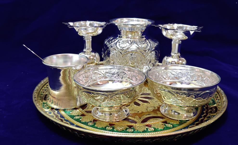 German Silver Meenakari 12" Pooja Thali