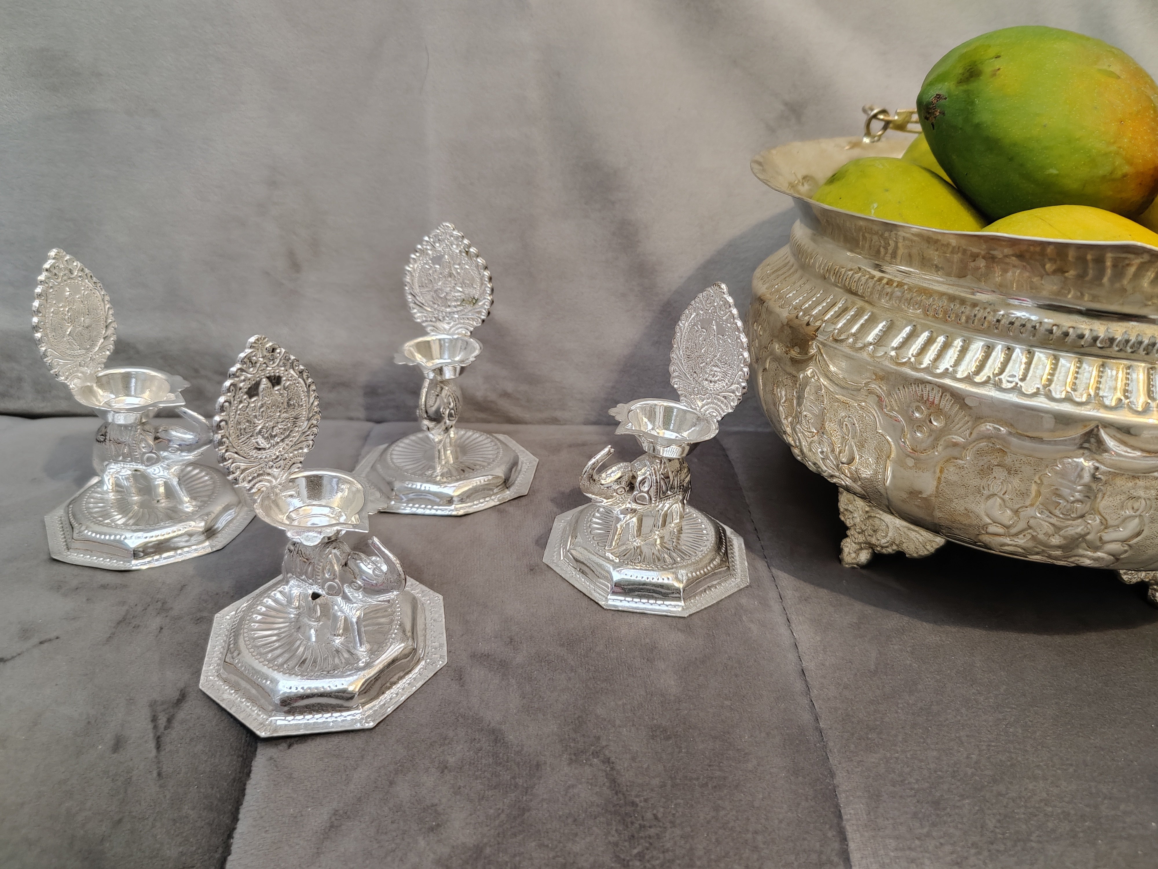 German Silver Gajalakshmi Diya 5" Pair Set of 4 Diyas