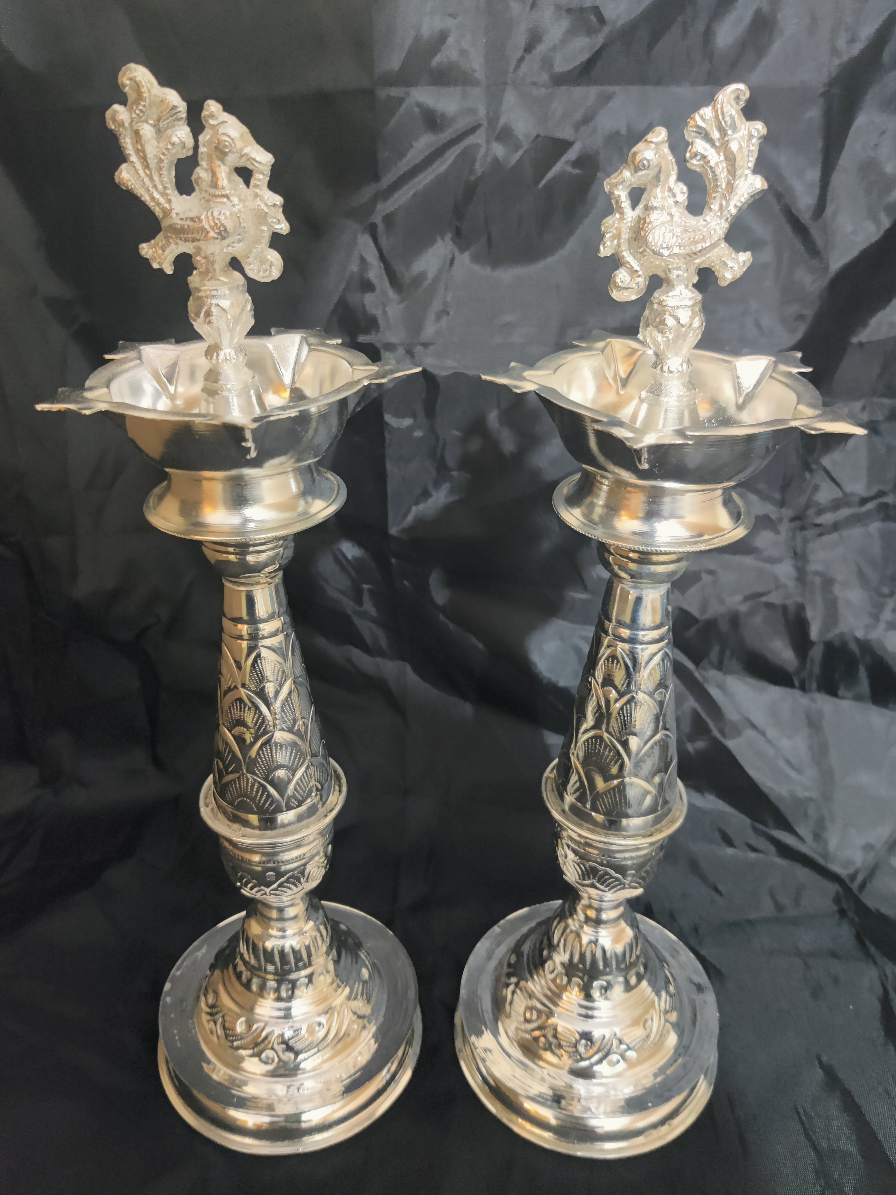 German Silver Fancy Design Diya Pair 14"