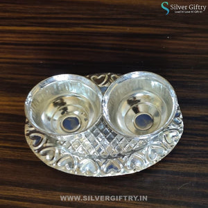 4" German Silver 2 Cup Kumkum Platter | Silver Giftry | SGT20K033