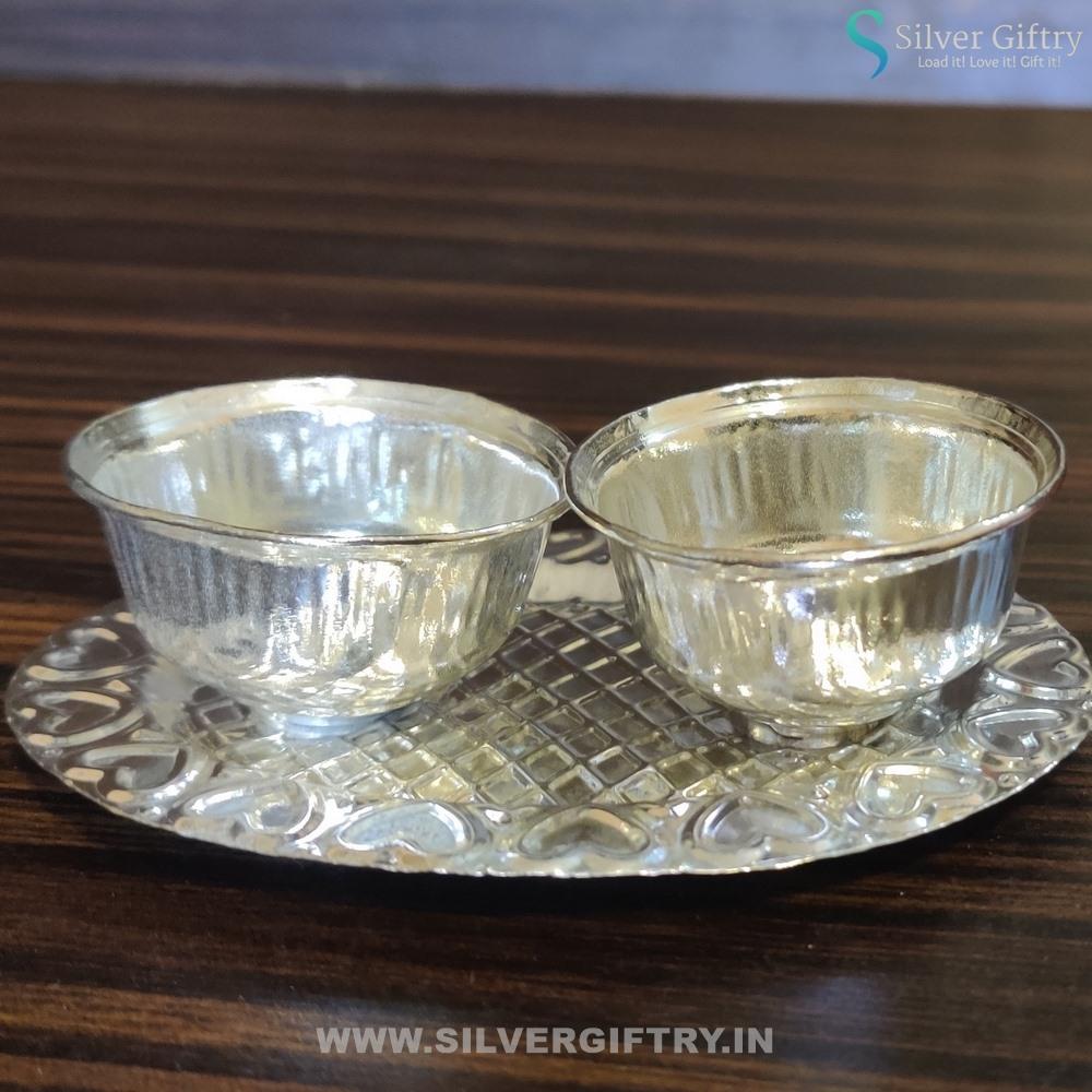 4" German Silver 2 Cup Kumkum Platter | Silver Giftry | SGT20K033