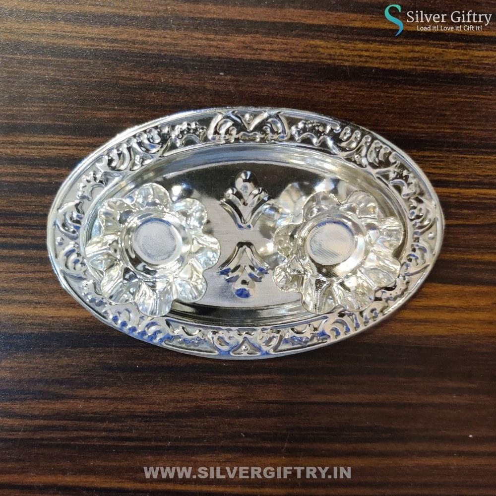 4" German Silver Kumkum Oval Shape Platter | Silver Giftry | SGT20K034