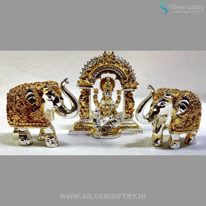 4.5" Lakshmi Idol Gold and Silver 3" Elephants Pair | Silver Giftry | SGT20K040