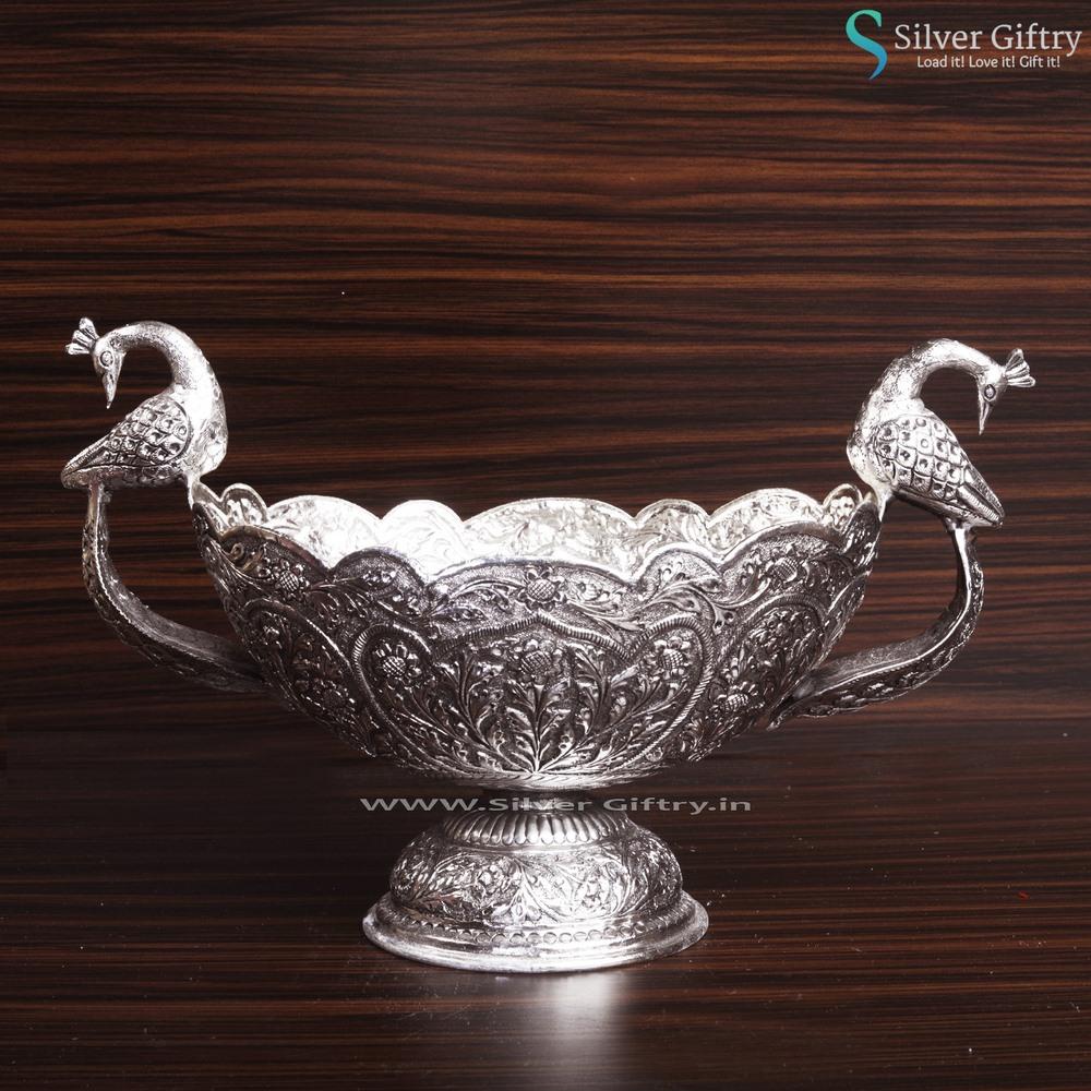 Antique Peacock Design Urli With Stand | Silver Giftry | SGT20K081