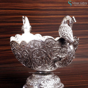 Antique Peacock Design Urli With Stand | Silver Giftry | SGT20K081
