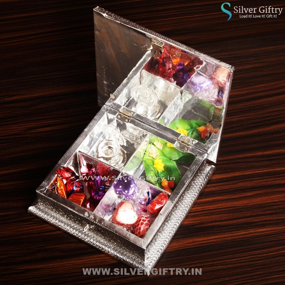 Antique Silver Dry Fruit Box 8x8" With Copper Coated Cow 2" | Silver Giftry | SGT20K084