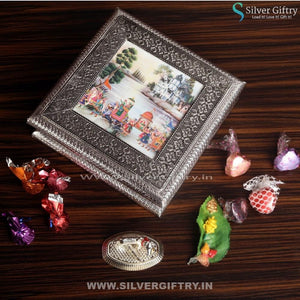 Antique Silver Dry Fruit Box 8x8" With Copper Coated Cow 2" | Silver Giftry | SGT20K084