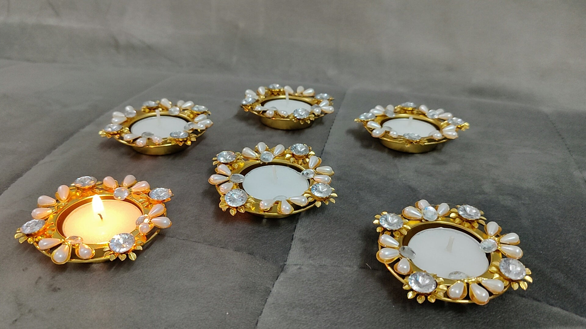 Acyleric metal candle pearl stoned diyas set of 6 pcs