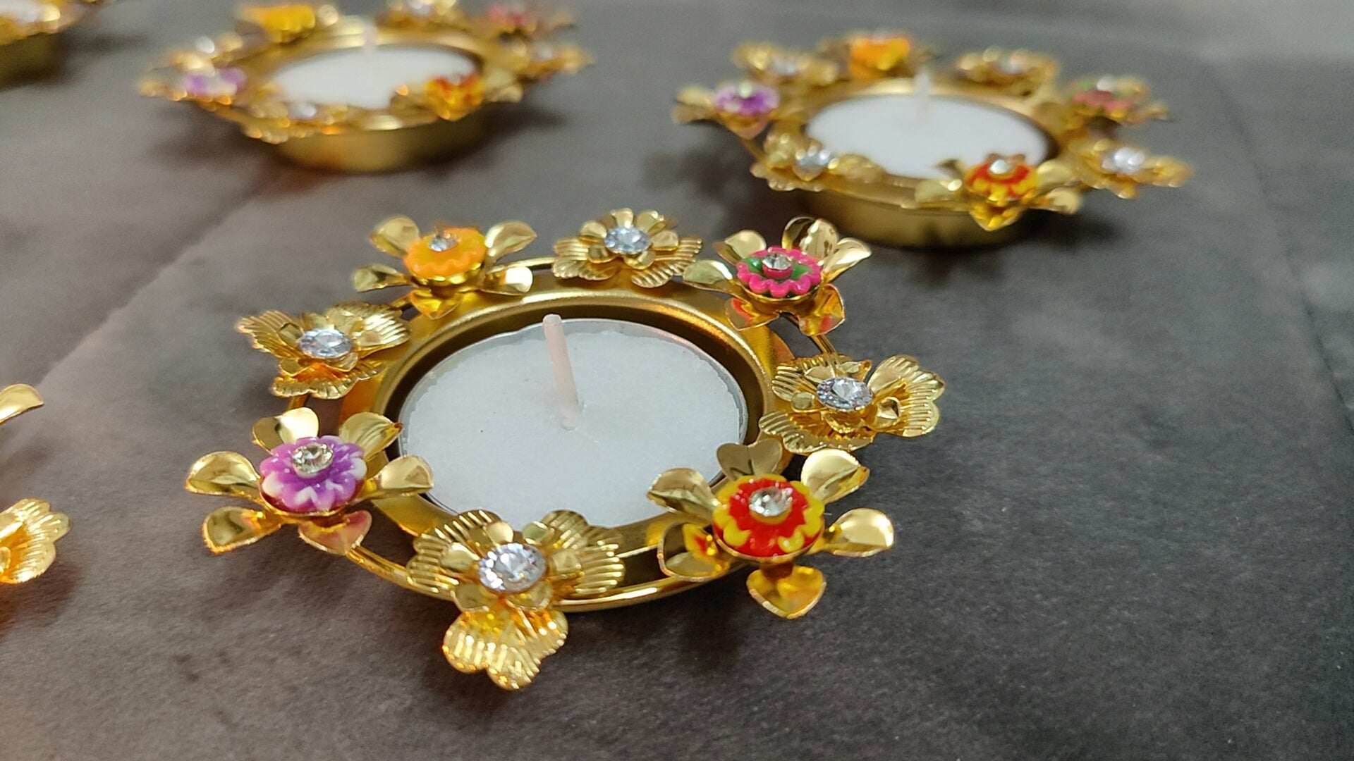 Acyleric metal candle rose stoned diyas set of 6 pcs