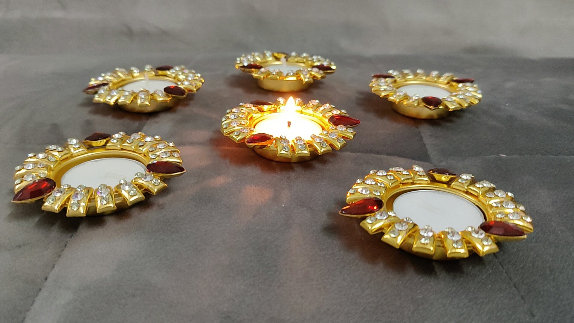 Acyleric metal candle multi stoned diyas set of 6 pcs