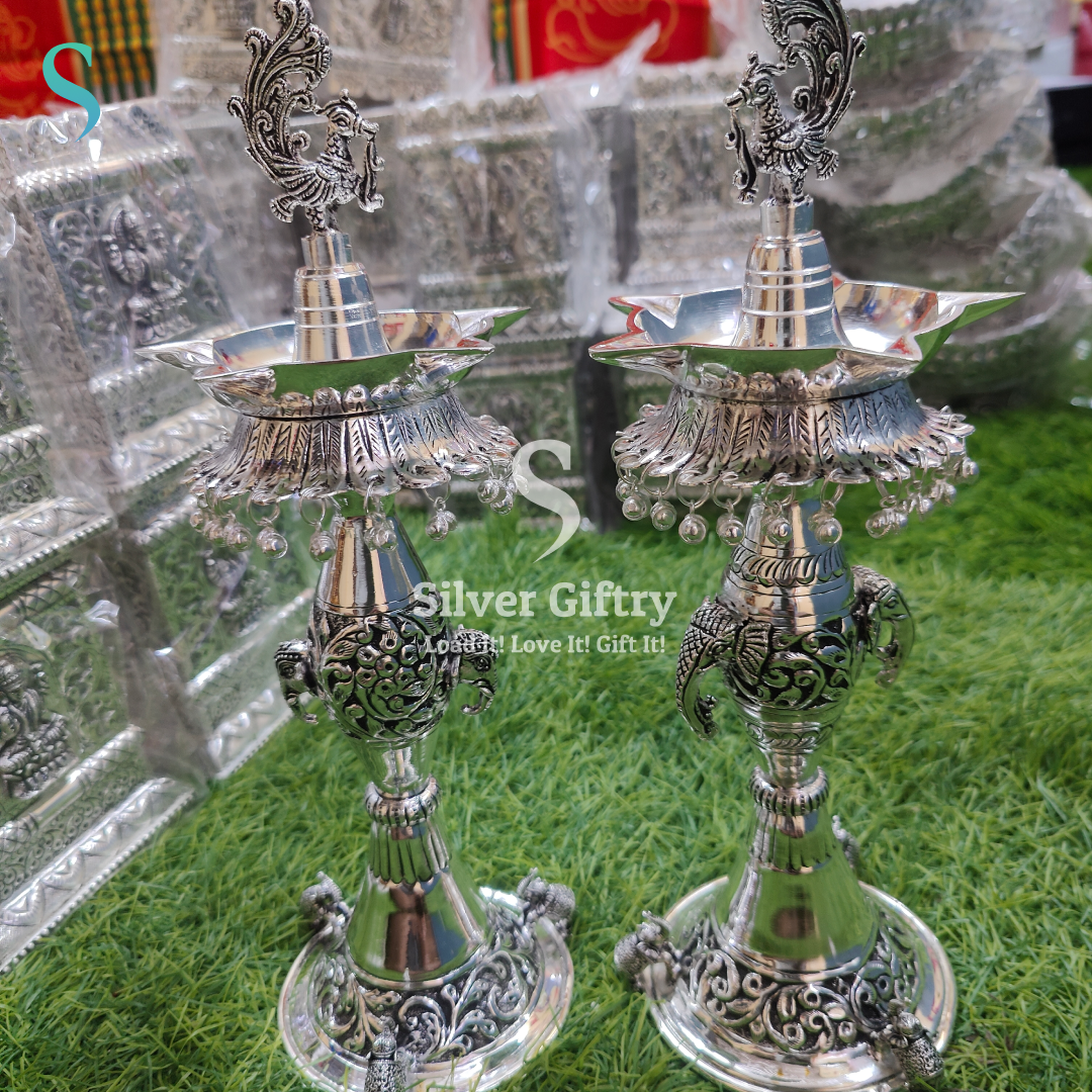 GS Antique Peacock Design Elephant Dancing Diyas Pair 12-13"