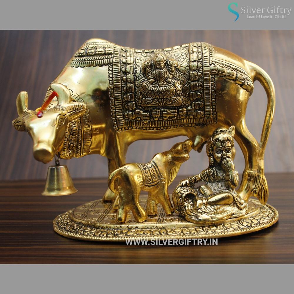 Copper Coated Krishna With Cow and Calf German Silver Idol | Silver Giftry | SGT20K127