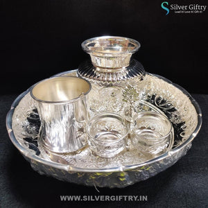 German Silver 10" Lakshmi Plate 5" Kalsha 2 Cup Bowlset Panchpatra | Silver Giftry | SGT20K157