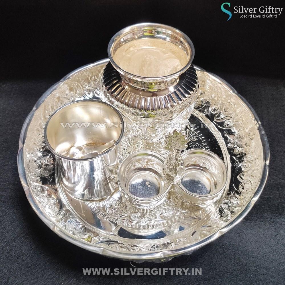 German Silver 10" Lakshmi Plate 5" Kalsha 2 Cup Bowlset Panchpatra | Silver Giftry | SGT20K157