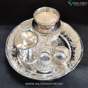 German Silver 10" Lakshmi Plate 5" Kalsha 2 Cup Bowlset Panchpatra | Silver Giftry | SGT20K157
