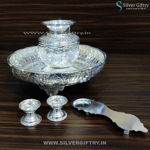 German Silver 10" Lakshmi Plate 5 Kalsha Aarthi and 2" Deepam Medium | Silver Giftry | SGT20K158