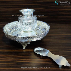 German Silver 10" Lakshmi Plate 5 Kalsha Aarthi and 2" Deepam Medium | Silver Giftry | SGT20K158