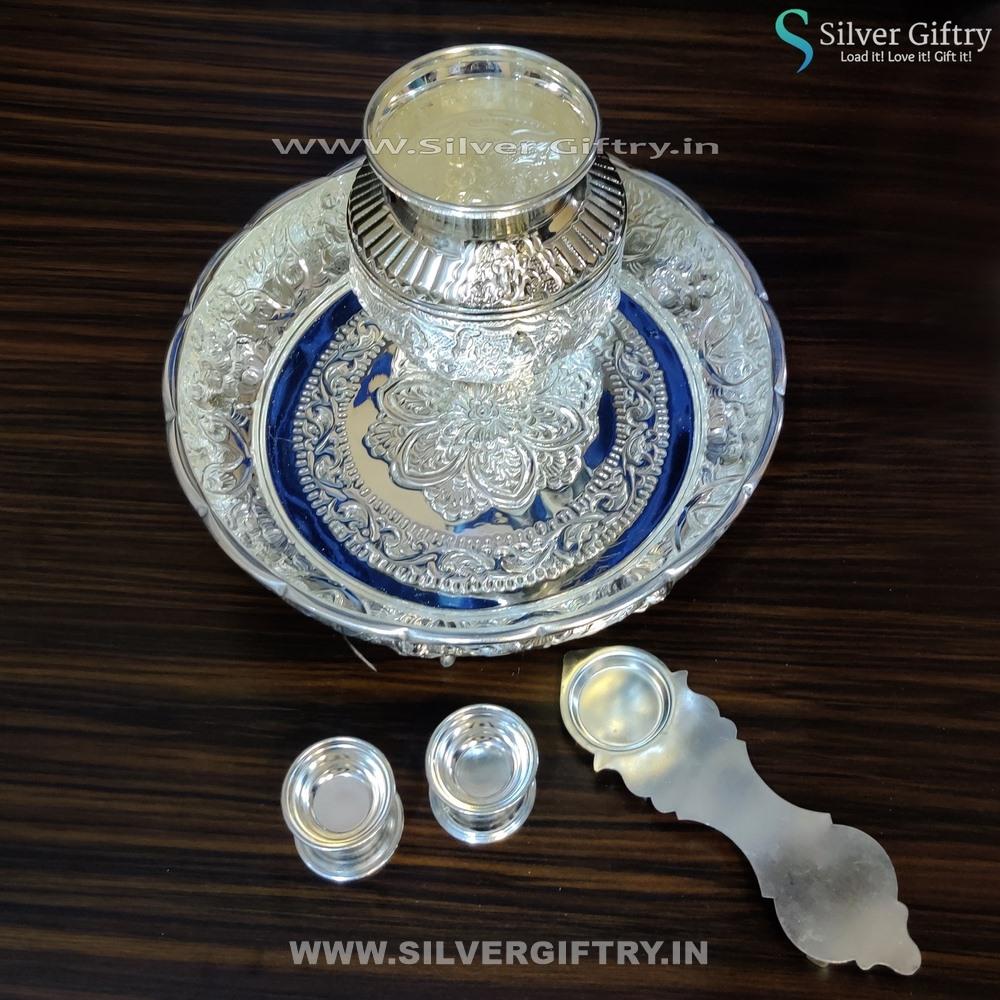 German Silver 10" Lakshmi Plate 5 Kalsha Aarthi and 2" Deepam Small | Silver Giftry | SGT20K159