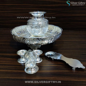 German Silver 10" Lakshmi Plate 5 Kalsha Aarthi and 2" Deepam Kamakshi Diya | Silver Giftry | SGT20K160