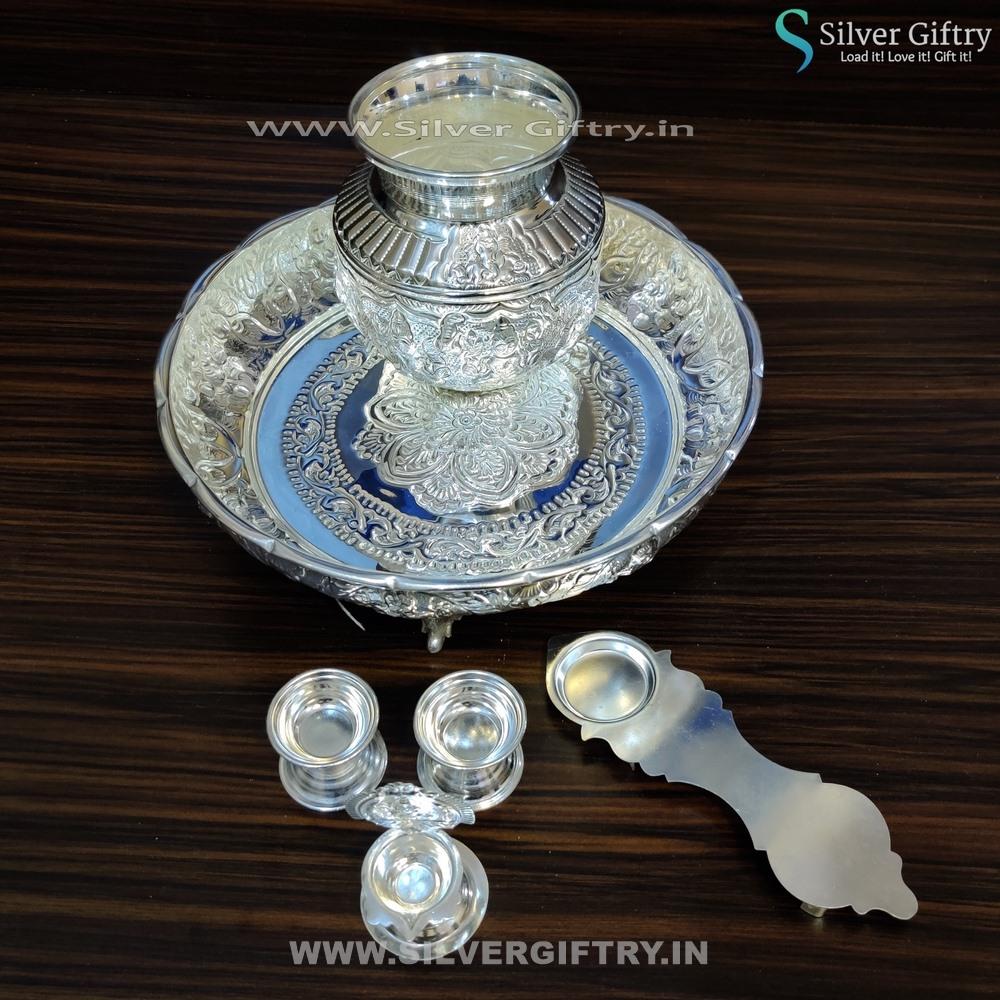 German Silver 10" Lakshmi Plate 5 Kalsha Aarthi and 2" Deepam Kamakshi Diya | Silver Giftry | SGT20K160