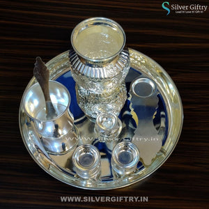 German Silver 10" Lakshmi Plate 5 Kalsha Aarthi and 2" Deepam Kamakshi Diya Panchpatra | Silver Giftry | SGT20K161