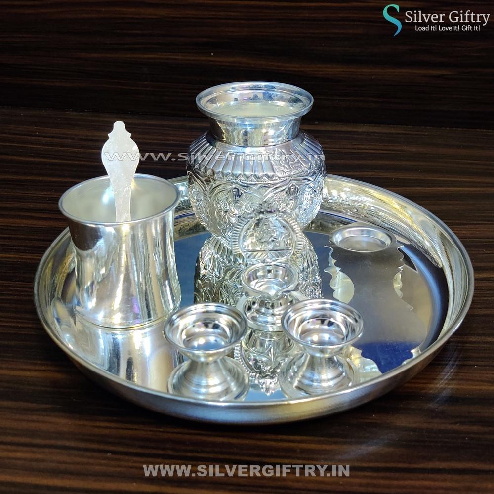German Silver 10" Lakshmi Plate 5 Kalsha Aarthi and 2" Deepam Kamakshi Diya Panchpatra | Silver Giftry | SGT20K161