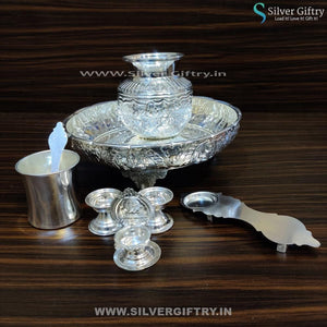 German Silver 10" Lakshmi Plate 5 Kalsha Aarthi and 2" Deepam Kamakshi Diya Panchpatra | Silver Giftry | SGT20K161