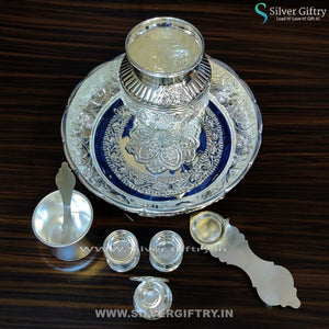 German Silver 10" Lakshmi Plate 5 Kalsha Aarthi and 2" Deepam Kamakshi Diya Panchpatra | Silver Giftry | SGT20K161