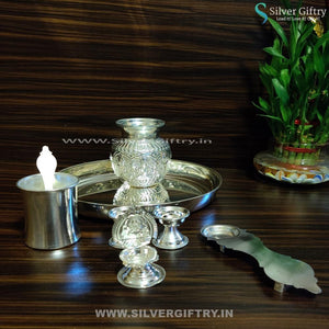 German Silver 10" Plain Plate 4" Kalsha Aarthi and 2" Deepam Kamakshi Diya Panchpatra | Silver Giftry | SGT20K162