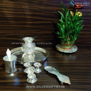 German Silver 10" Plain Plate 4" Kalsha Aarthi and 2" Deepam Kamakshi Diya Panchpatra | Silver Giftry | SGT20K162
